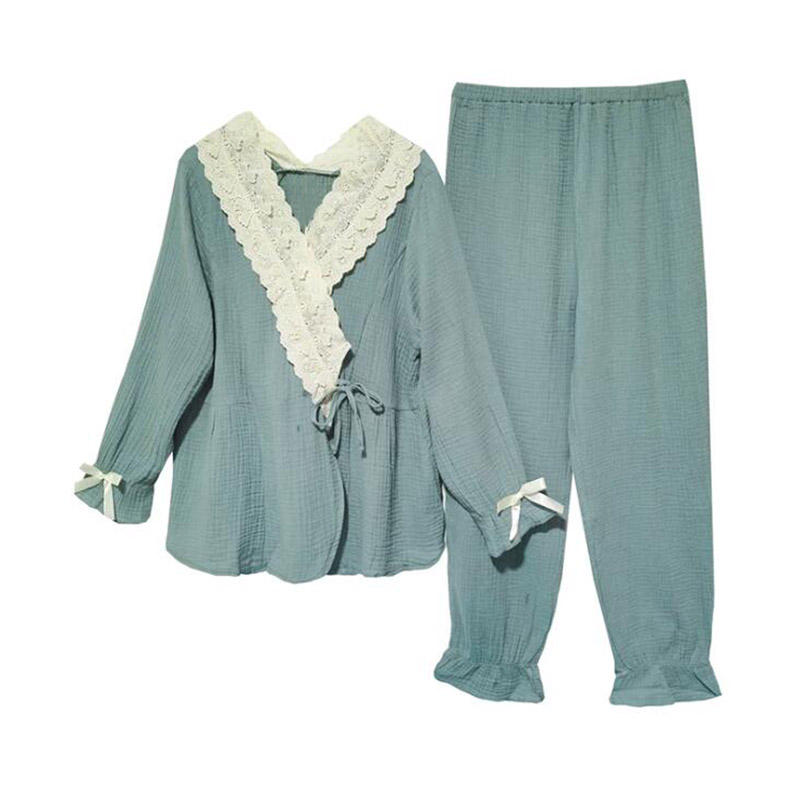 Ammende pyjamas i bomuld med v-hals se pyjamas til kvinders sæt tynd top + lange pyjamas løse nattøjsdragter  x079
