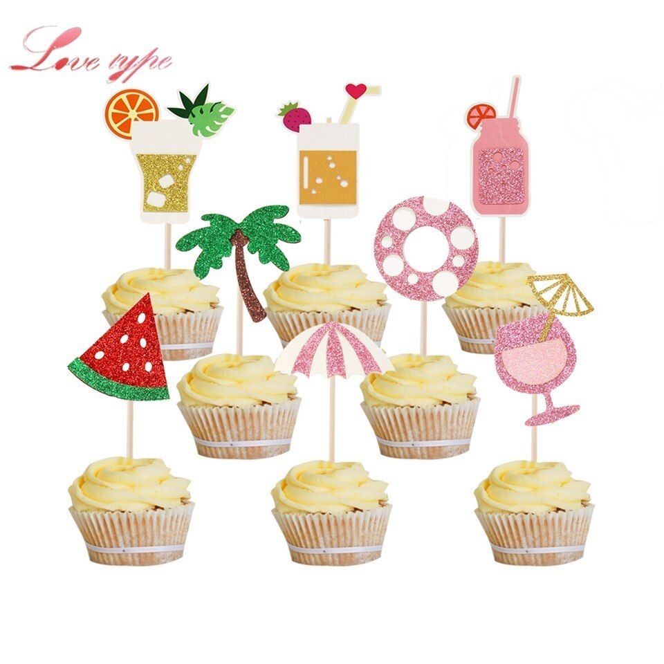 Toppers de Cupcake en forme de palmier, 1 ensemble, flamand rose, ananas, Aloha, décorations pour fête de piscine d'été, mariage, anniversaire, réception pour bébé
