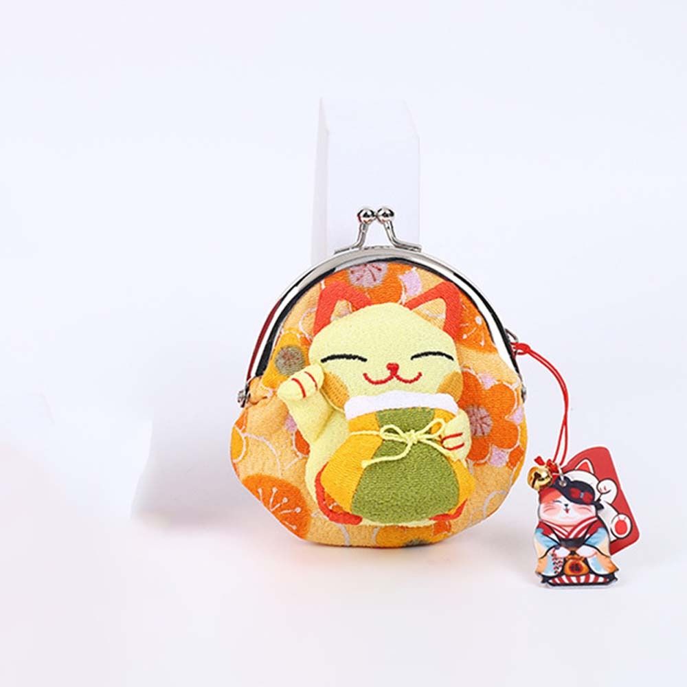 Retro Japanese Style Maneki Neko Coin Purse Doll Flower Printing Lucky Cat Clutch Bag Storage Bag Wallets Card Holder Women: Beige
