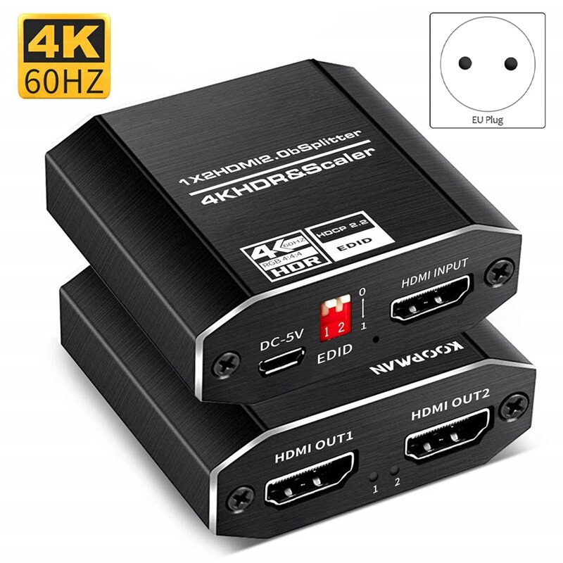 HDMI Splitter One Input Two Output 2.0 Audio Decoder 4Kx2K HD Video HDMI Switcher Smart EDID 1080P@60HZ(EU Plug)