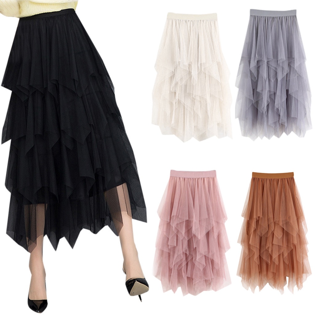 Women irregular Tulle Skirts Elastic High Waist Mesh Tutu Skirt Pleated Long Skirts Midi Skirt Saias Faldas Jupe Femmle*