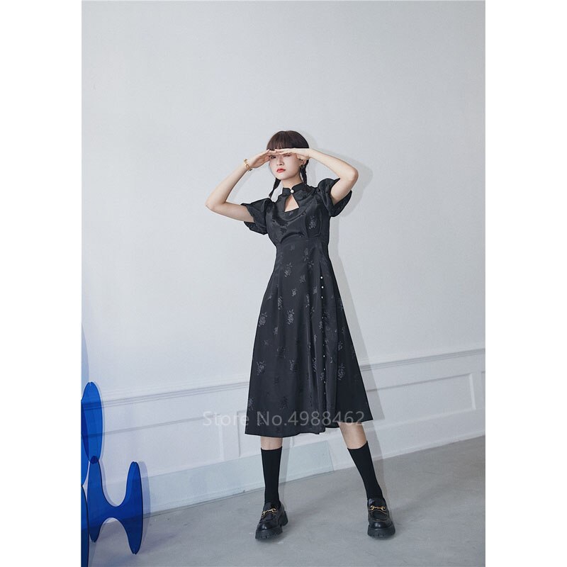 Chinês tradicional gótico preto moda feminina curto cheongsam vestido qipao curto split magro impressão festa vintage