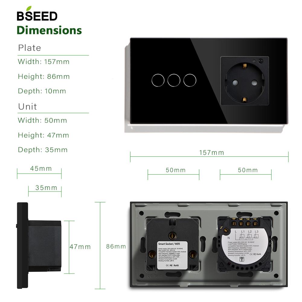 BSEED 3 Gang Smart Touch Light Switch With EU Wall Socket White Black Gold Wall Sensor Switch Crystal Glass Panel Work With Tuya