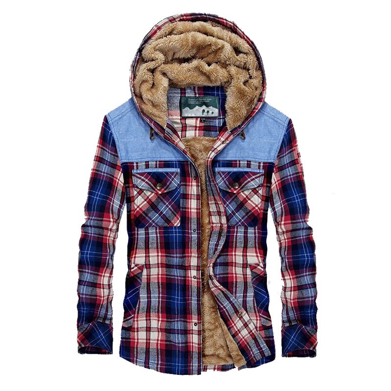 Winter Shirt Men Thick Warm Fleece Shirts Plaid Cotton Men Shirt Long Sleeve Camisa Masculina Plus Size M-XXXL Hooded Shirt Men: Red / M