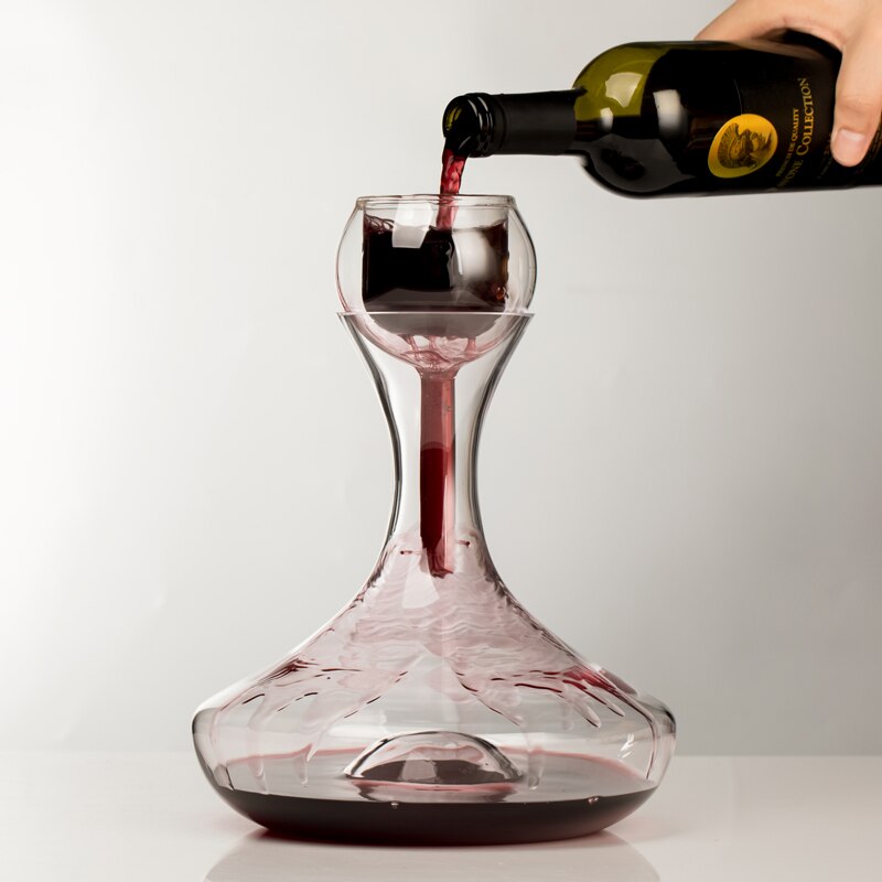 2000Ml Tumbler Wine Decanter with Wood Tray Lead-Free Hand Blown Crystal Wine Carafe Rotating Rapid Sway Whiskey Decanter