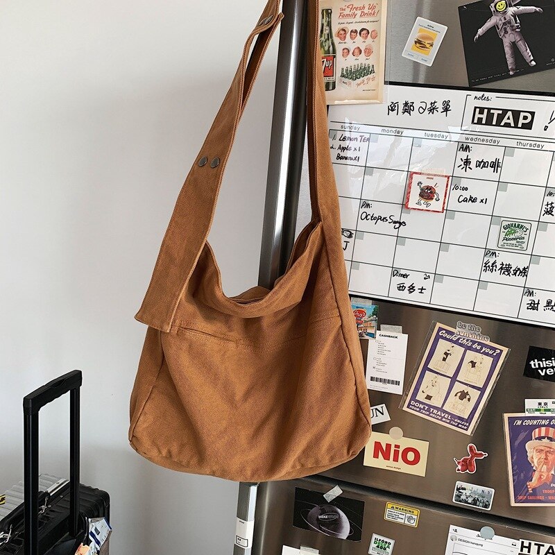 Sac Hobo en toile pour adolescent, sac en coton réutilisable pour étudiant en ecologie, sacoche élégante pour tous les jours à la coréenne: Marron