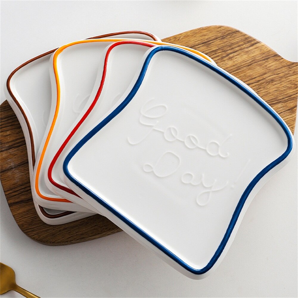 1PC Square Embossed Ceramic Plate Breakfast Toast Plate Fruit Bread Display Cake Tray Salad Plate Kid's Kitchen Tableware