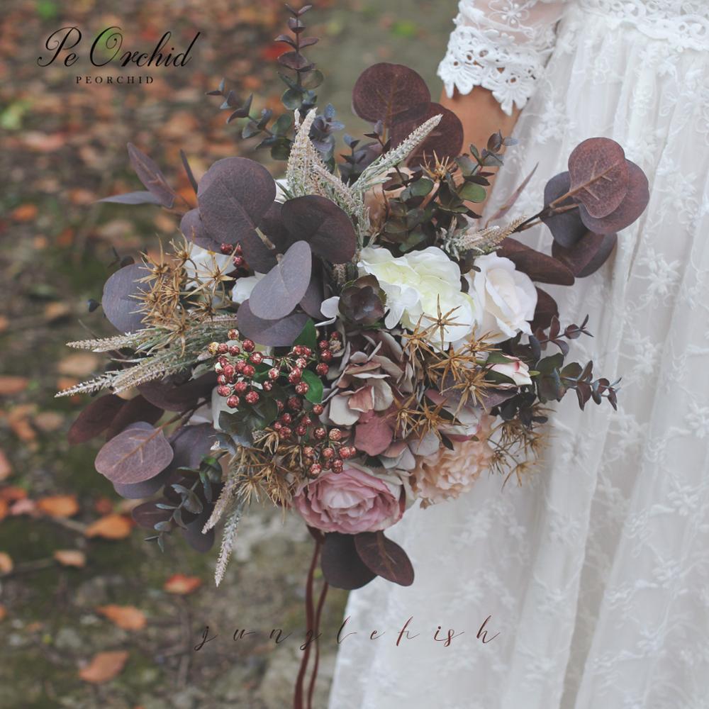 Peorchid vintage bryllupsbuket til bruden eucalyptus bouquet de noiva colorido kunstige blomster kaster buket