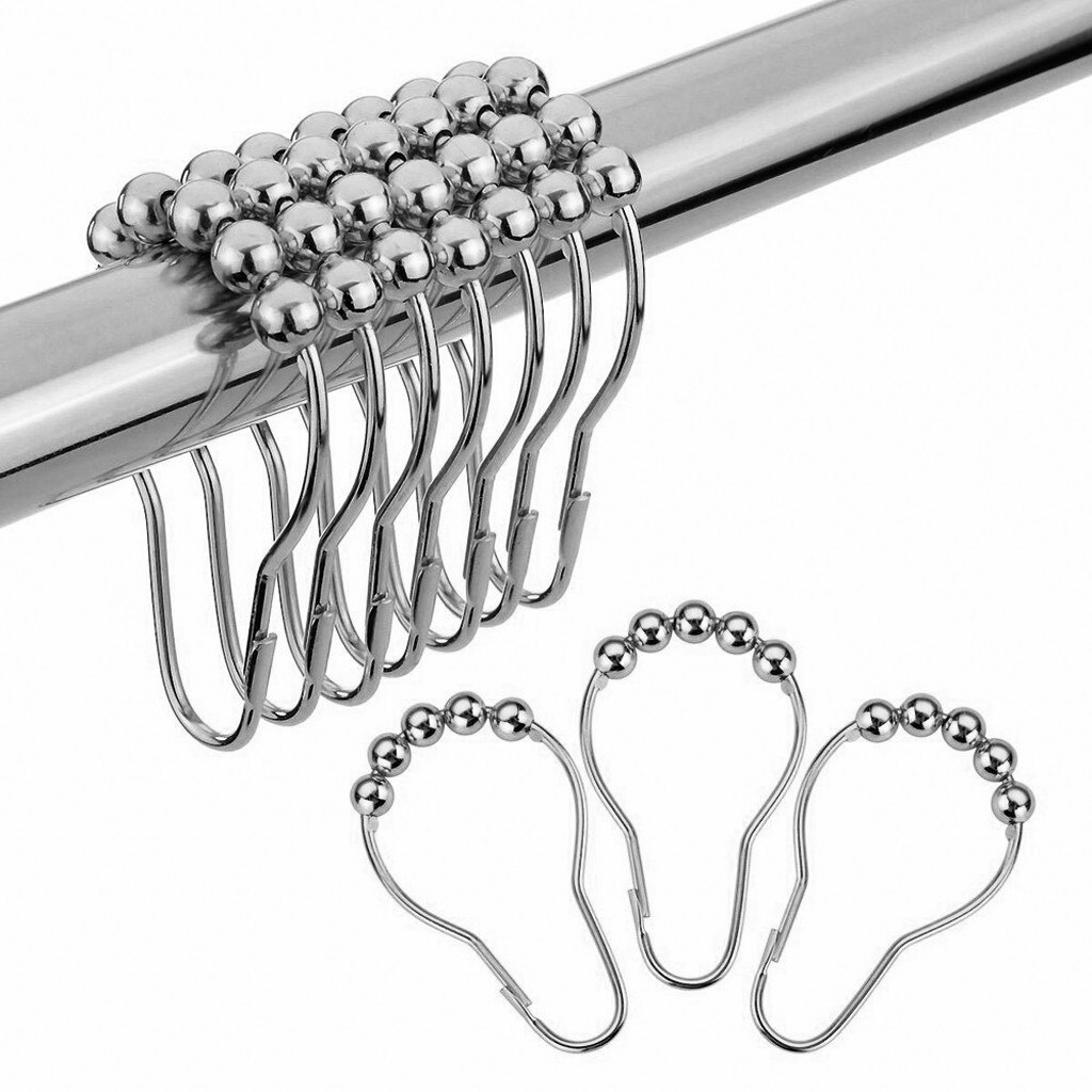12 pcs Stainless Steel Curtain Hooks Bath Curtain Rollerball Shower Polished Satin Nickel Ball Curtain Rings Hooks 5 Rollers: Default Title