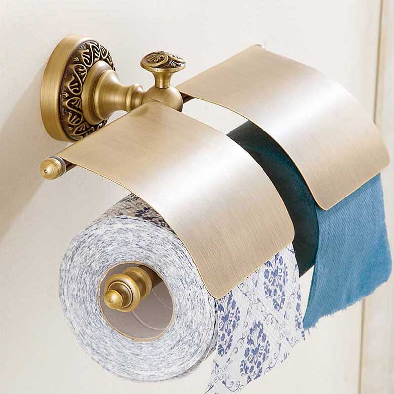 Antikke messing badeværelsesglas og holder vægmonteret dobbelt keramisk kop messing rack badeværelse tilbehør: 2 søjler papirholder