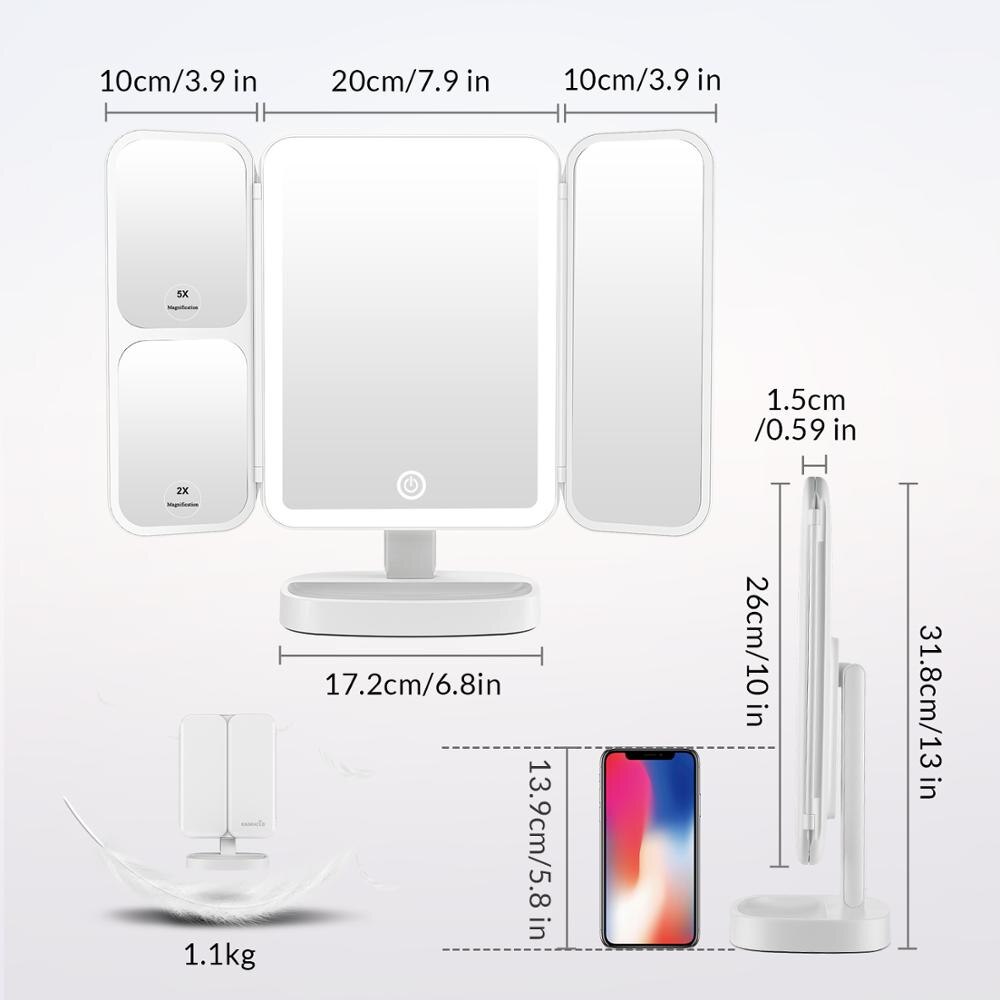 Espejo de maquillaje portátil con luz LED, tocador con aumento de 2x/5x/10x, Doble potencia de cosmética