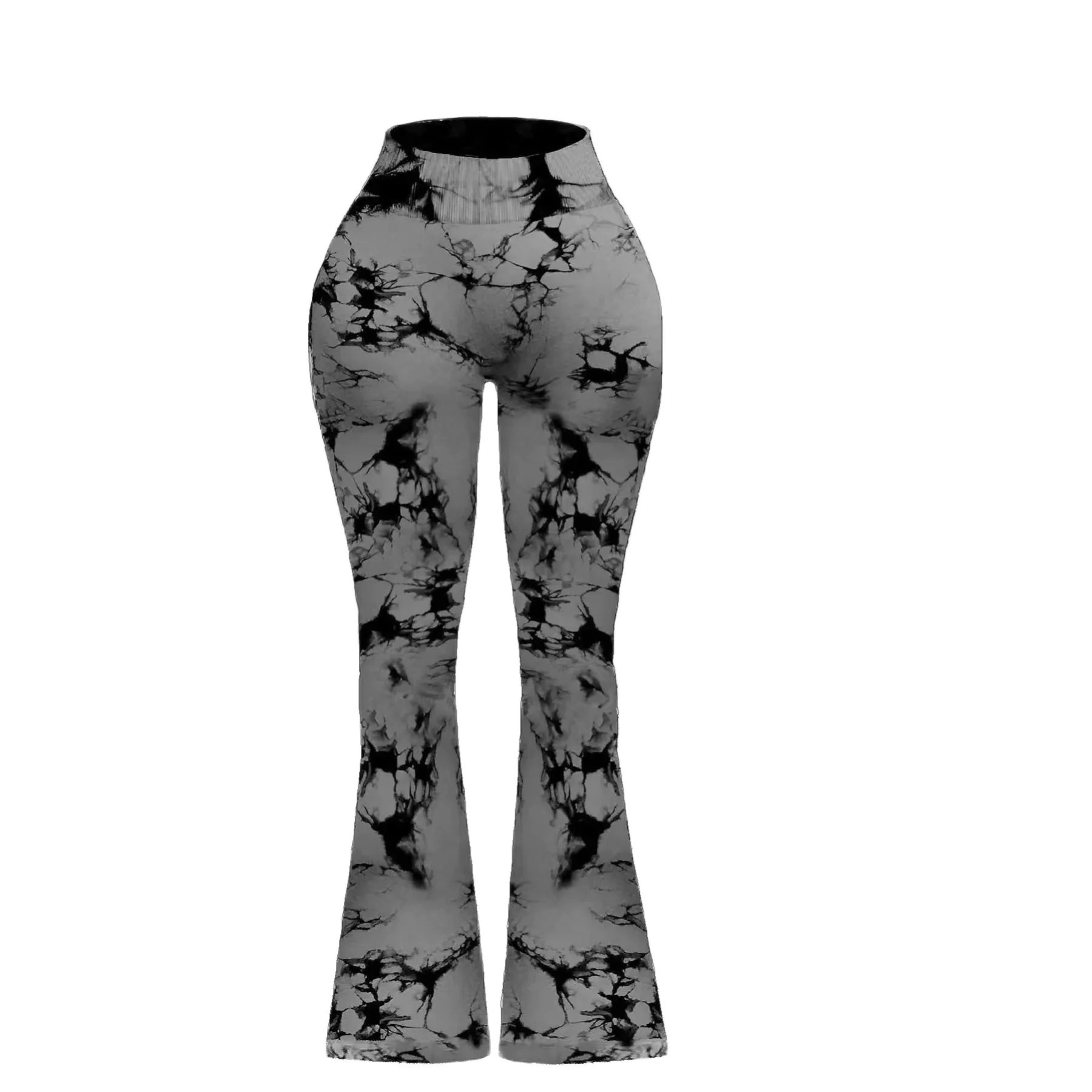 Nahtlose, enge, atmungsaktive Damenhose mit hoher Taille und elastischem Batikmuster und schmalem Schlag: XL / Grau