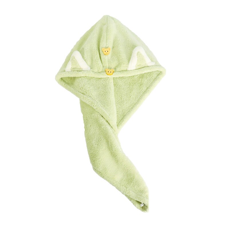 Quick Dry Hair Towels Women And Child Cute Cat Ear Super Absorption Thicker Microfiber Turban Towels With Bear Buttons: Adult Green