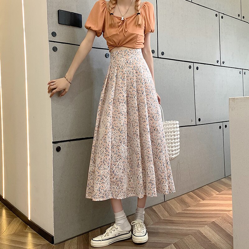 Jupe plissée à fleurs pour femmes, Style coréen, taille haute, Slim, décontractée, longue, été