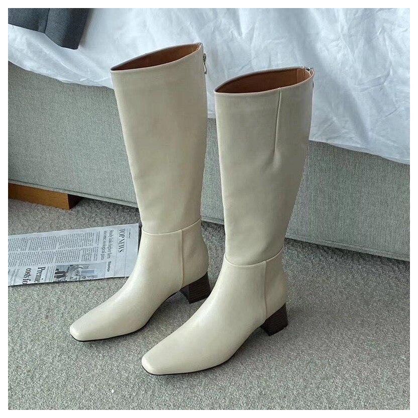 Vinter knehøye støvler kvinner med hæl lange støvler glidelås firkantet tå sko kvinner casual chelsea støvler for kvinner merke sko: Beige / 6