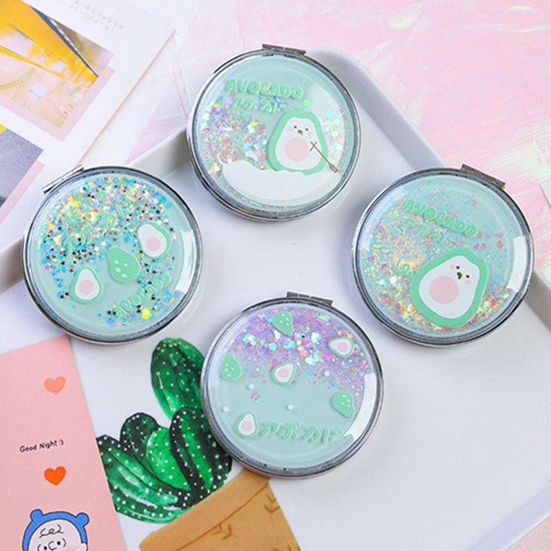 Portable Double-Sided Folding Cosmetic Mirror Girl Flowing Sparkling Sand Mini Avocado Makeup Mirror Compact Pocket Mirrors