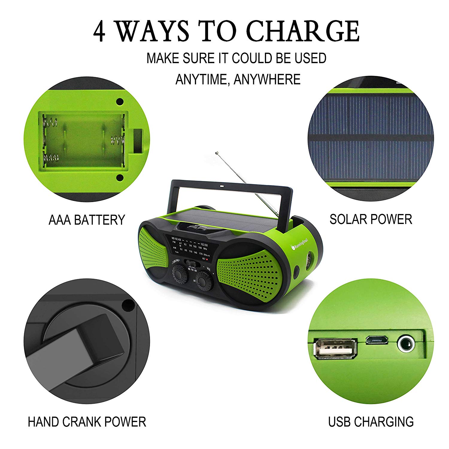 Solar Power WB Crank Emergency Power Bank Hand Crank Self Powered AM/FM Weather Portable Radio 2000mAh Rechargeable