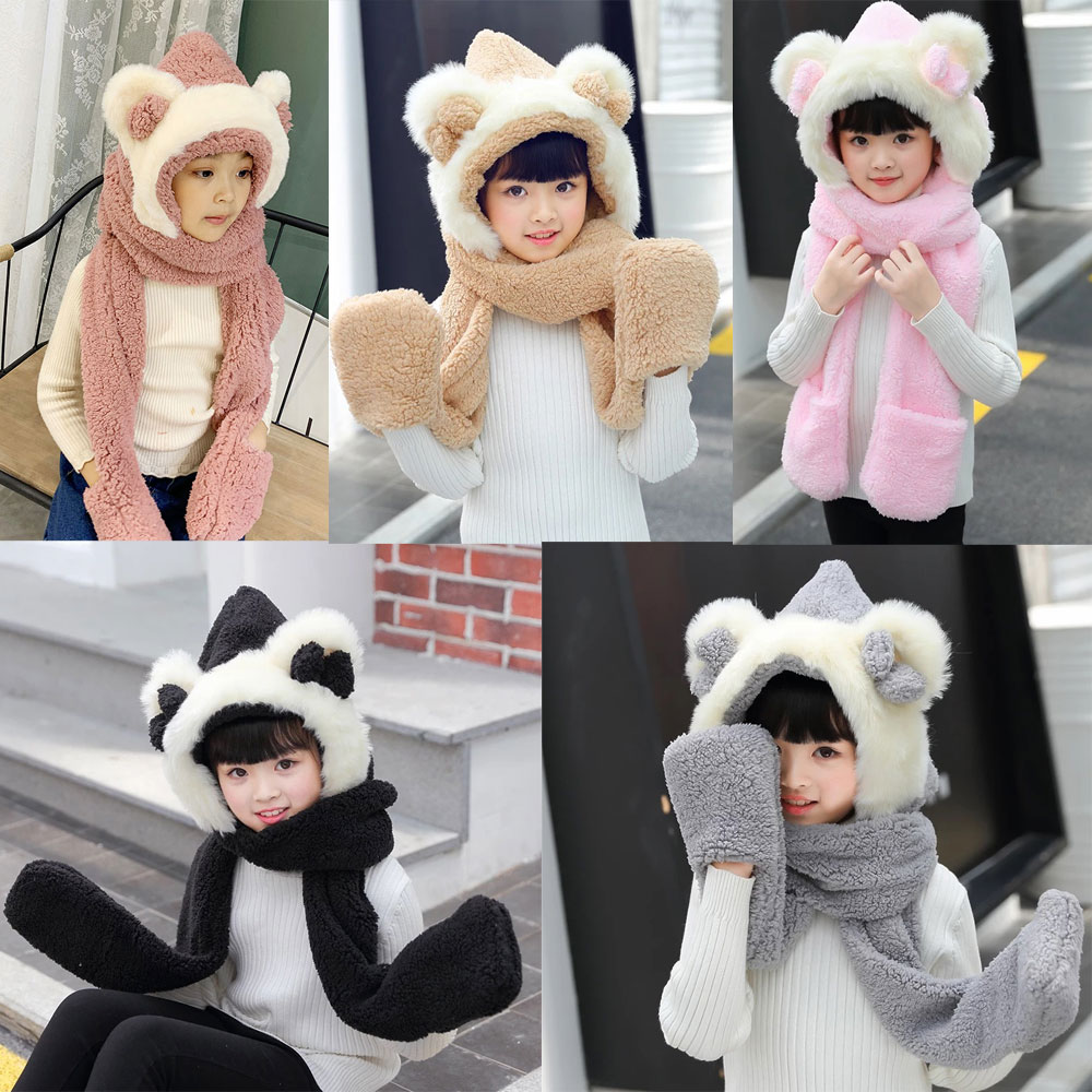 Baby Girls Mom Ears Hats Children Women Winter Warm Plush Winter Scarf Caps Gloves Cute Kids Cute Bunny Funny Hats Cap