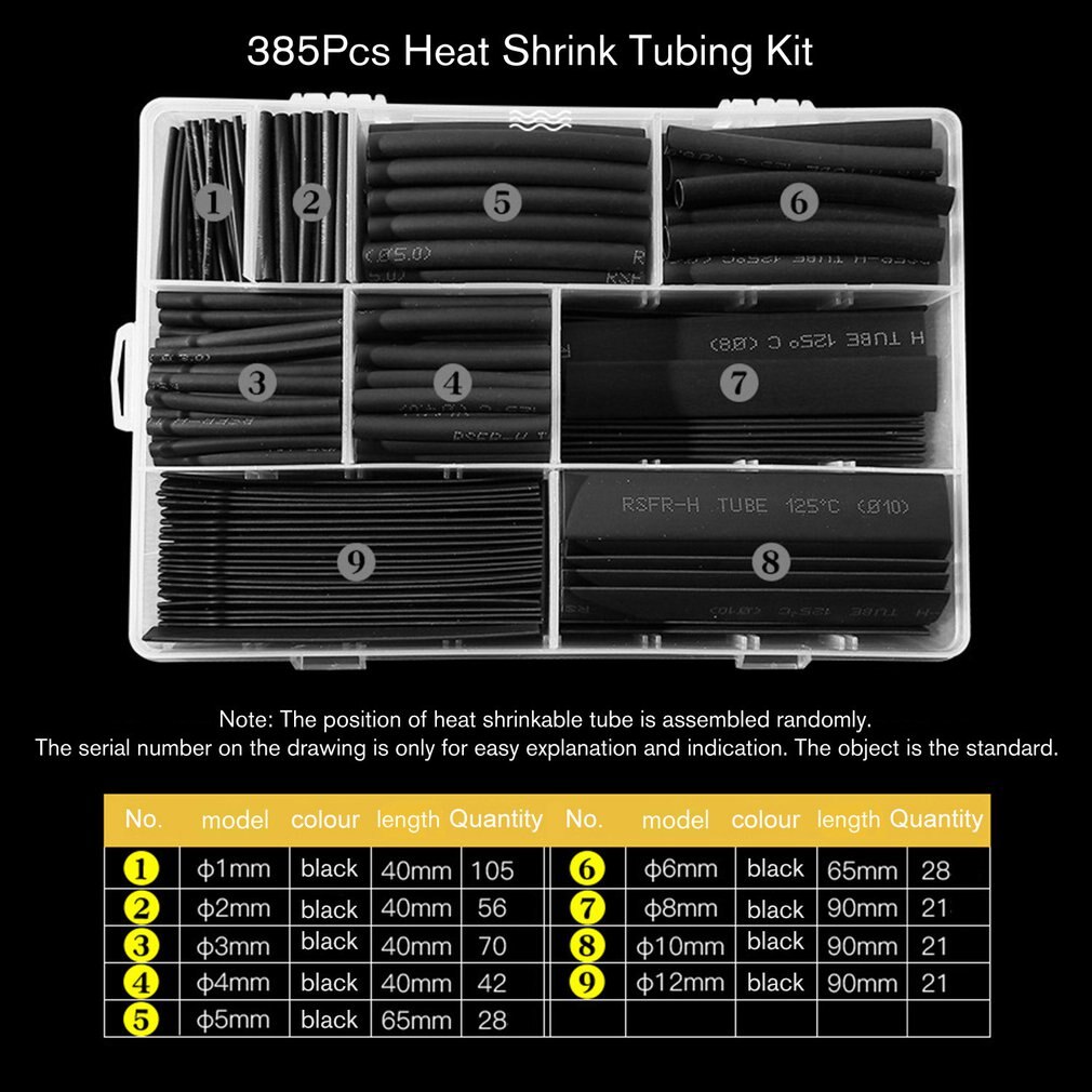 385 Pz/scatola Poliolefina Shrinking Tubi Assortiti Isolato Guaina Set di Calore Tubo Termoretraibile Wrap Filo di Calore Tubo Termoretraibile