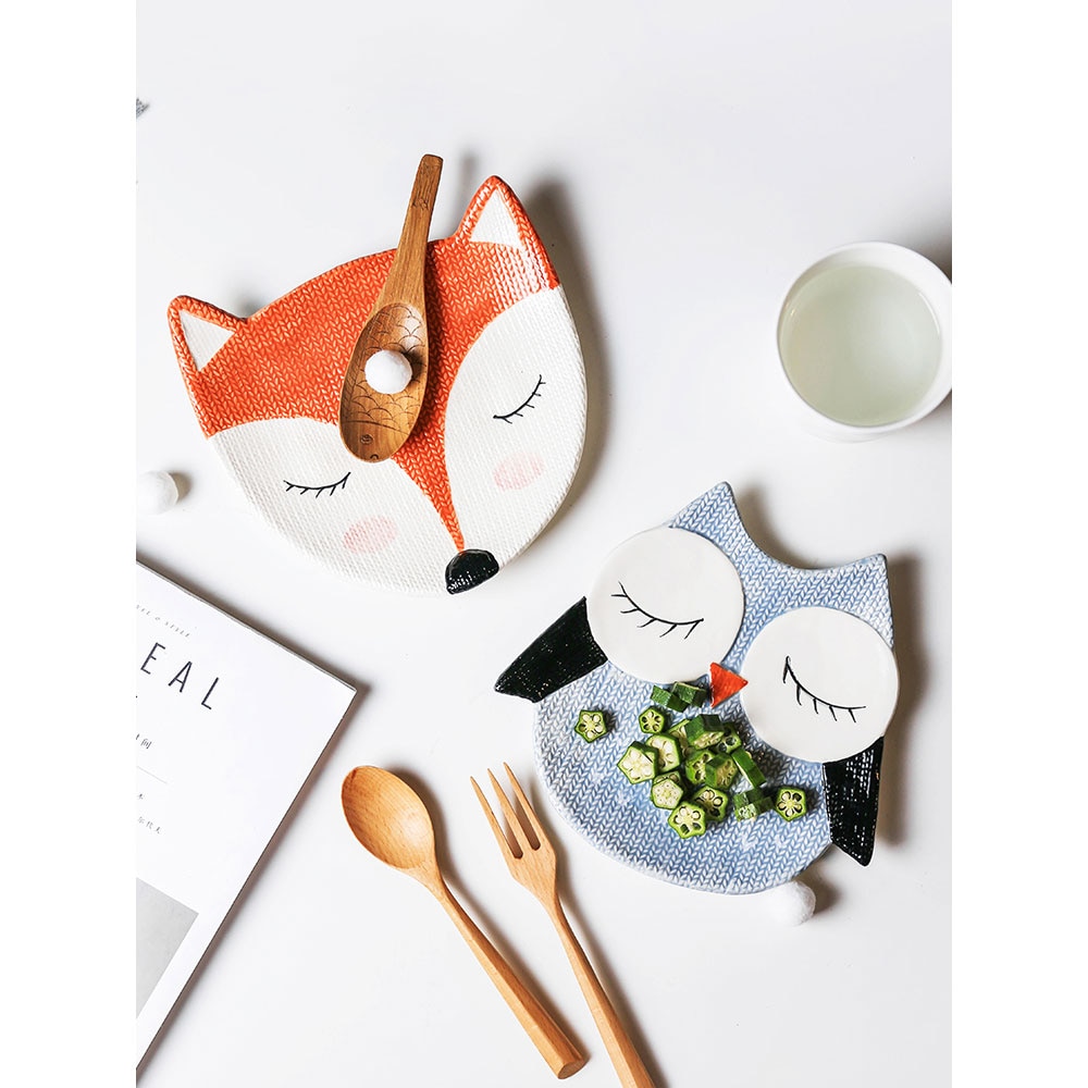 children dinner plates cute zoo cartoon eco-friendly handpainted 6 inch ceramic porcelain plate and dish owl fox cat child