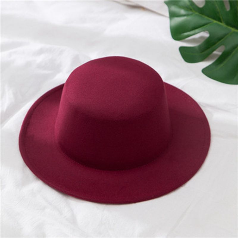 Women&#39;s Fedoras Hats Classic Solid Color Felt Vintage Wide Brim Simple Church Derby Flat Top Hat: Wine