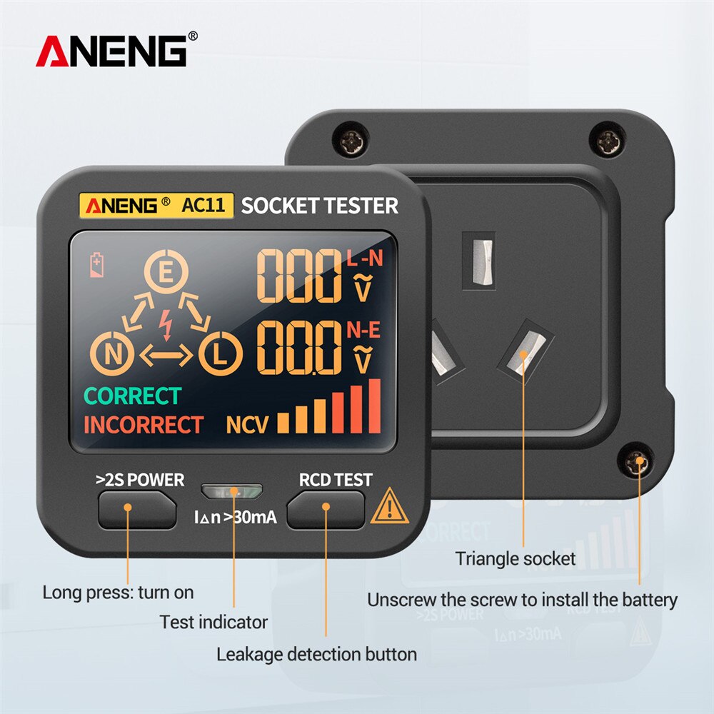 ANENG AC11 Socket Tester Electric Leakage Detector LCD Ground Zero Line Live Wire Phase Electroscope RCD NCV Electric Tester
