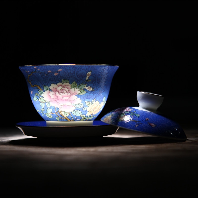 Jingdezhen Ceramic Tea Tureen Hand-painted Gradient Silk Flower Cover Bowl Chinese KungFu Gaiwan Tea Cup Bowl Teaware