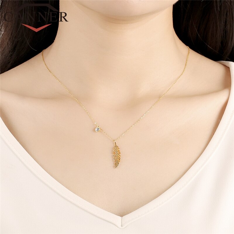 CANNER 925 Collana in Argento sterlina Collares Chocker dell'oro Della Piuma di Fascino Del Pendente di Modo Della Collana Dei Monili Delle Donne FO