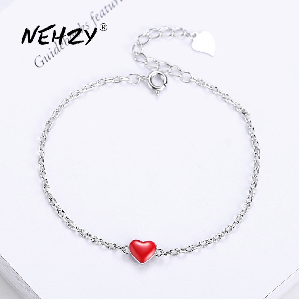 Nehzy S925 Stempel Zilveren Sieraden Armband Mode Vrouw Retro Rood Hart-Vormige Armband Lengte 20Cm