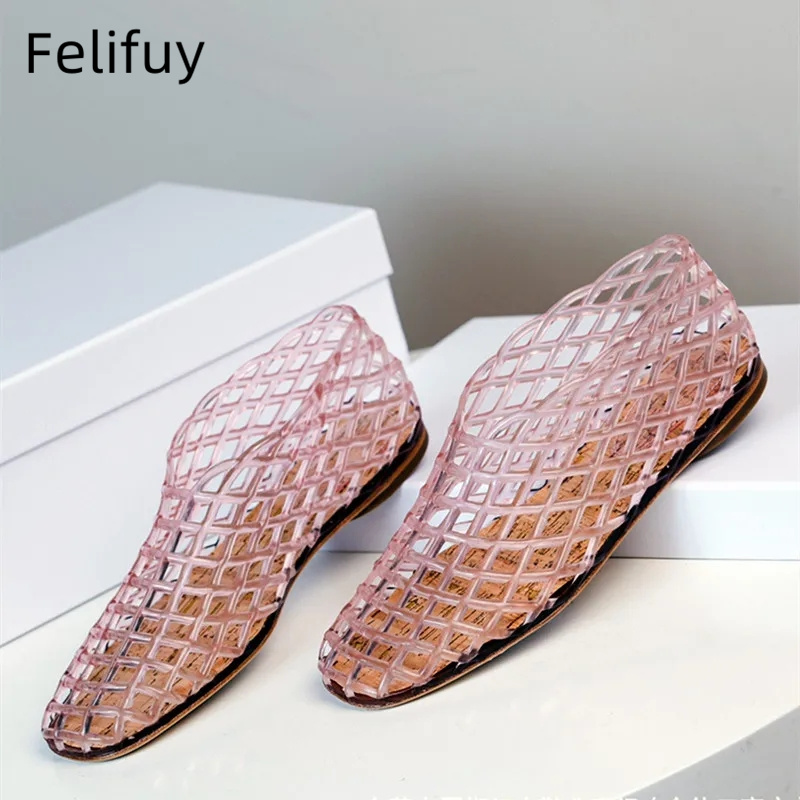Zapatos de gelatina de malla roja, zapatos de playa con punta redonda hueca, cómodas sandalias transparentes de plástico, novedad de verano, zapatos de gelatinas planos tejidos