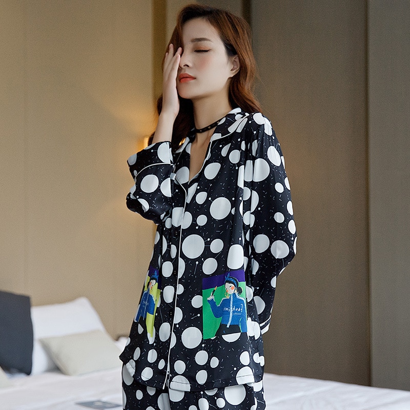 Autumn Thin Ice Silk Pajamas Women Black Polka Dot Long-Sleeved Trousers Simple Suit Simulation Silk Ladies Pajamas