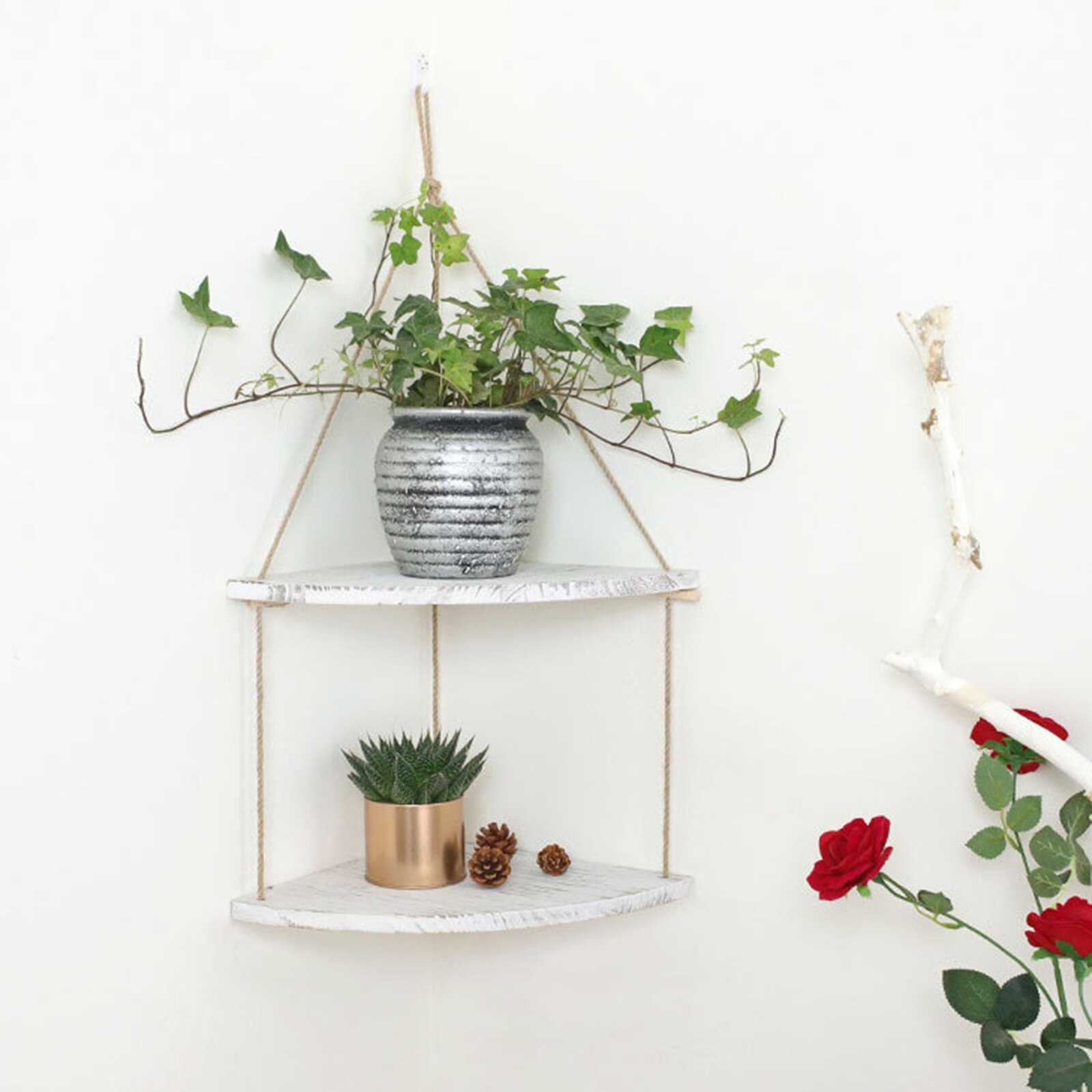 Estantes de esquina colgantes para exteriores, repisa de esquina de madera decorativa para jardín, cocina, baño y dormitorio, sala de estar y baño: white 2 tier