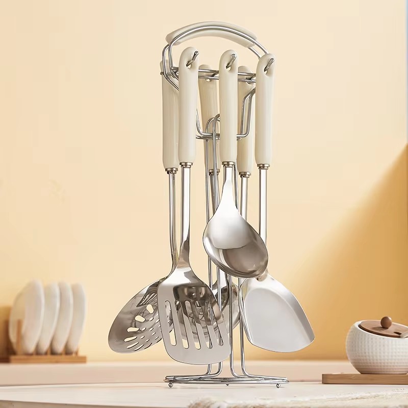 Espátula de acero inoxidable con mango de cerámica, juego de utensilios de cocina nórdicos, 7 unidades: BLANCO