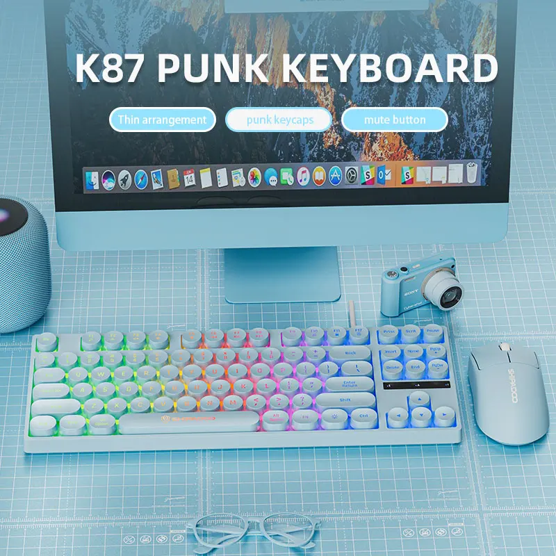 Komputerowe klawiatury przewodowe 87 klawiszy punk Keycap Ciche pisanie Podświetlana RGB biurowa multimedialna klawiatura robić gier dla okna laptop PC prochowiec