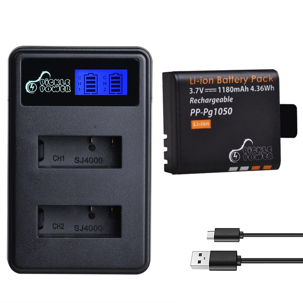 4 Uds 1180mAh PG1050 batería y cargador USB con LCD para SJCAM SJ4000 M10 SJ5000 SJ5000X para EKEN H9 H9R H8R H8 GIT PG900: Charger and 1Battery