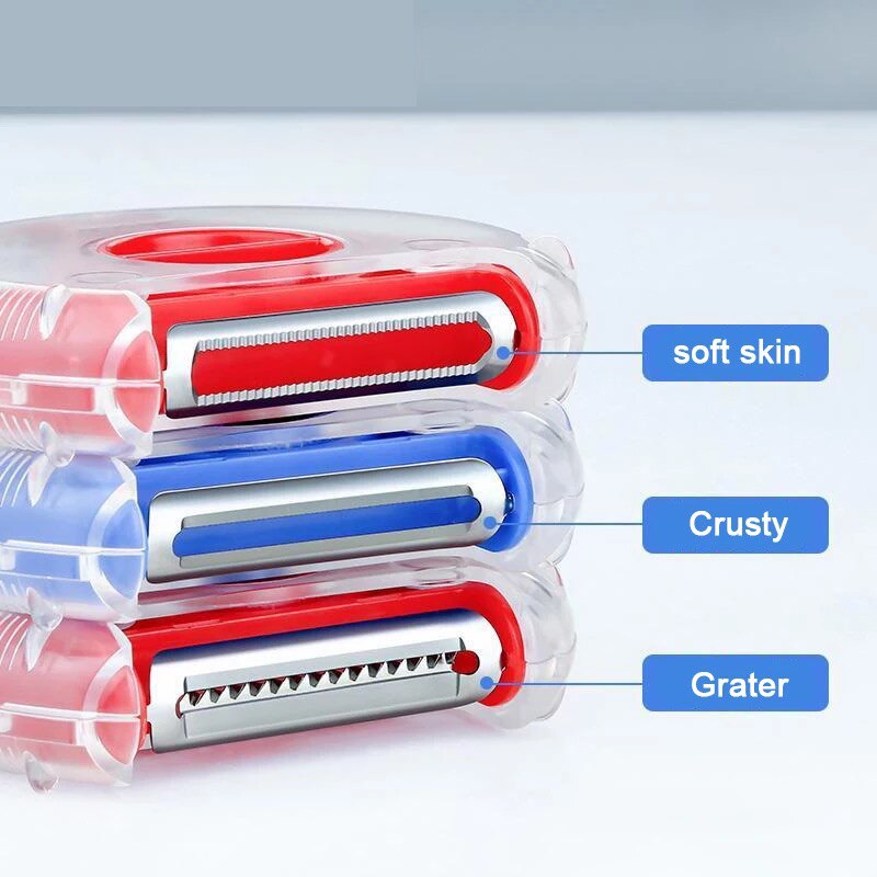 3 en 1 Set con tres peladores mágicos Acero inoxidable cortador pelador trituradora Julienne cortador Multi hoja de cáscara zester rallador de herramienta de cocina