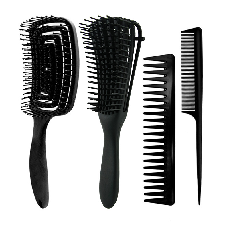 Detangling Hair Hrush Hair Comb Set Detangler Hairbrush for Curly Hair Barber Accessories Hair Care Styling Tools: Black Set