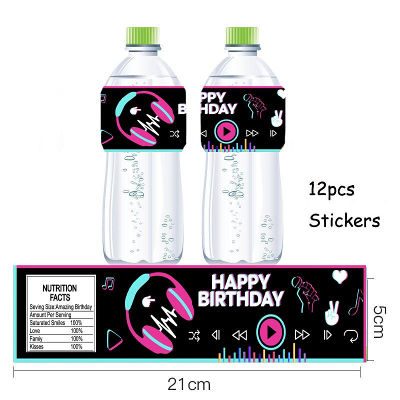 Omilut 12pcs Tik Tok Labels Stickers Music DJ short Video Theme Party Water Bottle Labels Stickers Happy Birthday Party Supplies