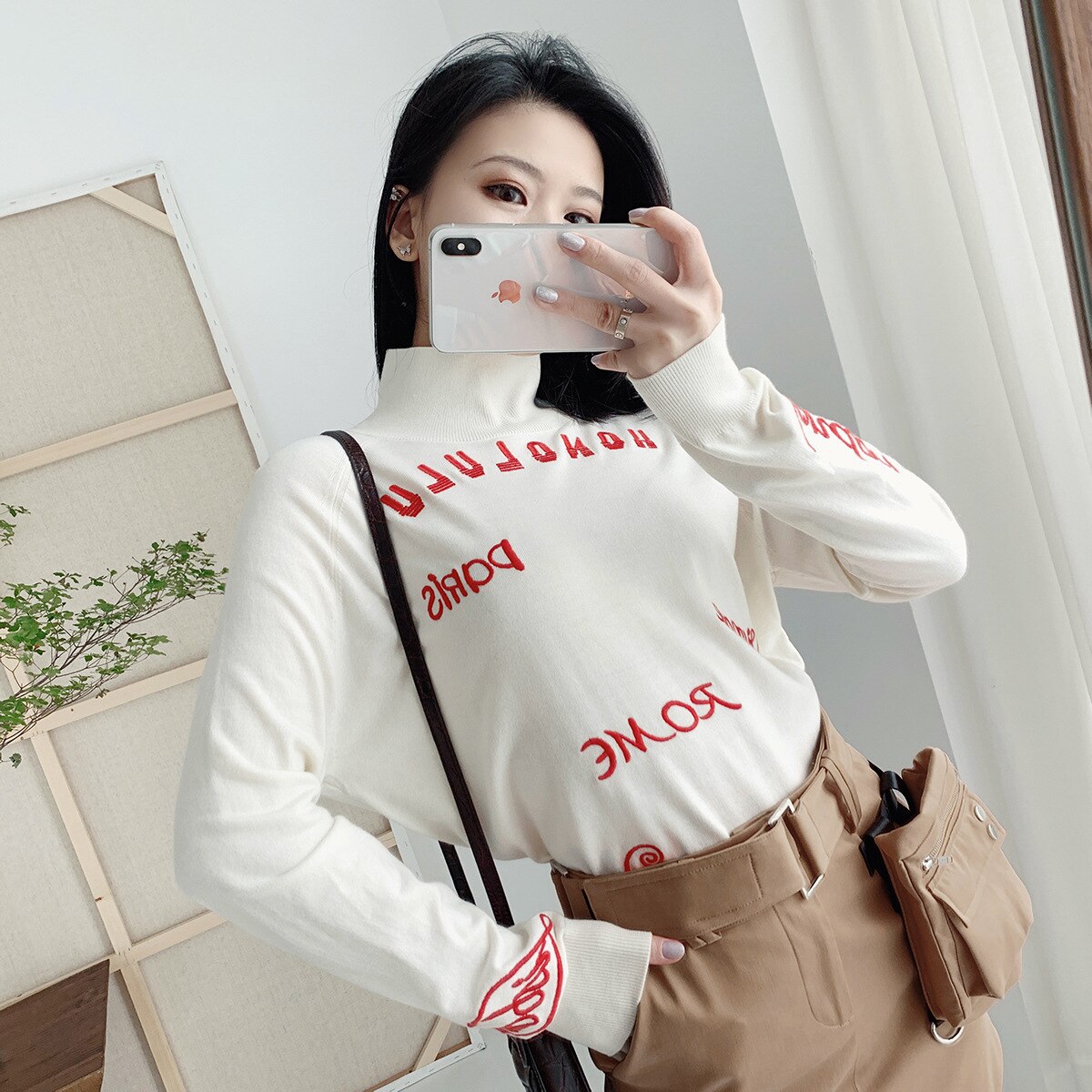 2020 outono inverno novo design na moda gola alta camisola vermelho carta bordado fino pulôver feminino versátil topo moda