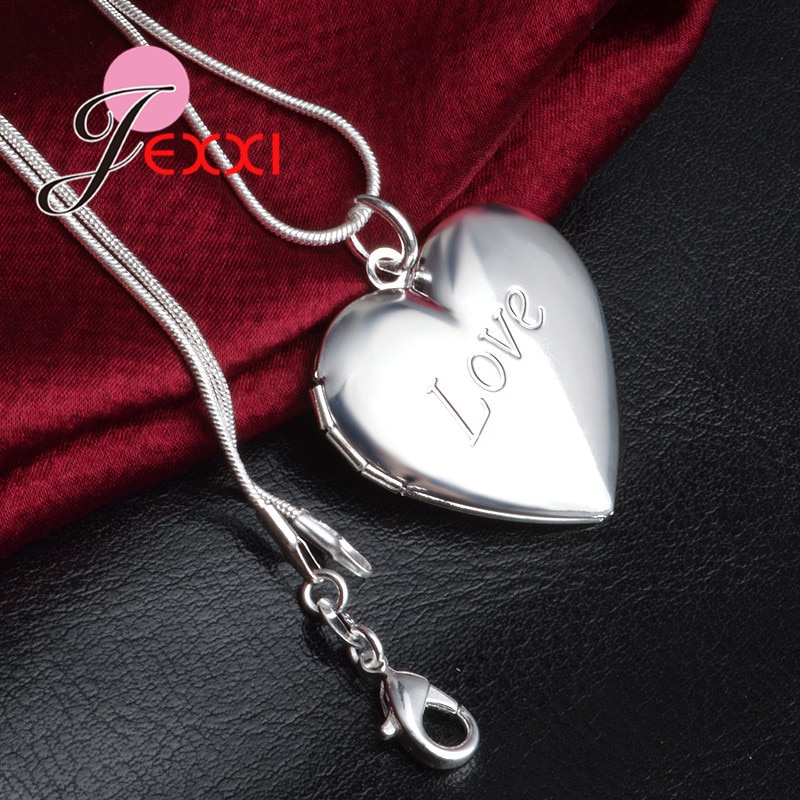 Romantic Locket 925 Sterling Silver Heart Love Frame Pendant Necklaces For Women Snake Chain Wedding Photos Necklace