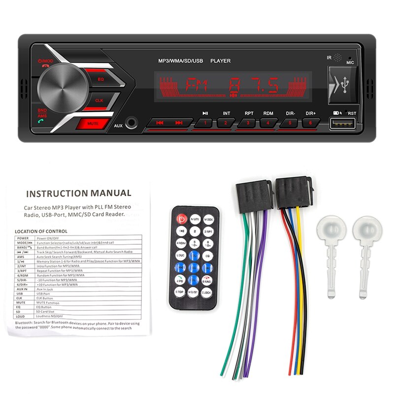 Auto Stereo Mp3 Speler Bluetooth Aux Usb Tf Fm Radio O In-Dash Handsfree Mic