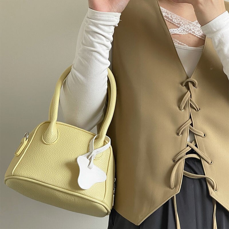 Bolso de mano con de concha amarilla y crema ligera, bolsa cruzada de superleche, litchi
