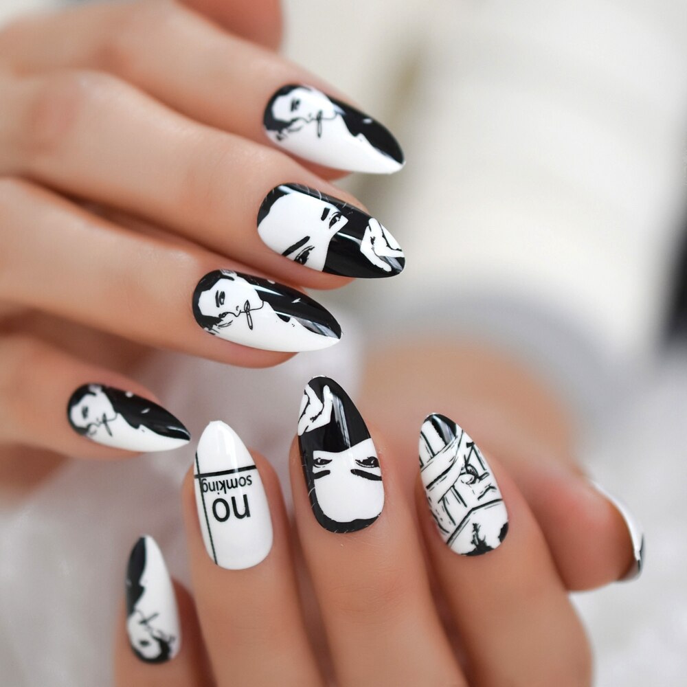 Stiletto bande dessinée fumer blanc faux ongles noir moyen artificiel ongles conseils dessin animé modèle manucure faux ongles