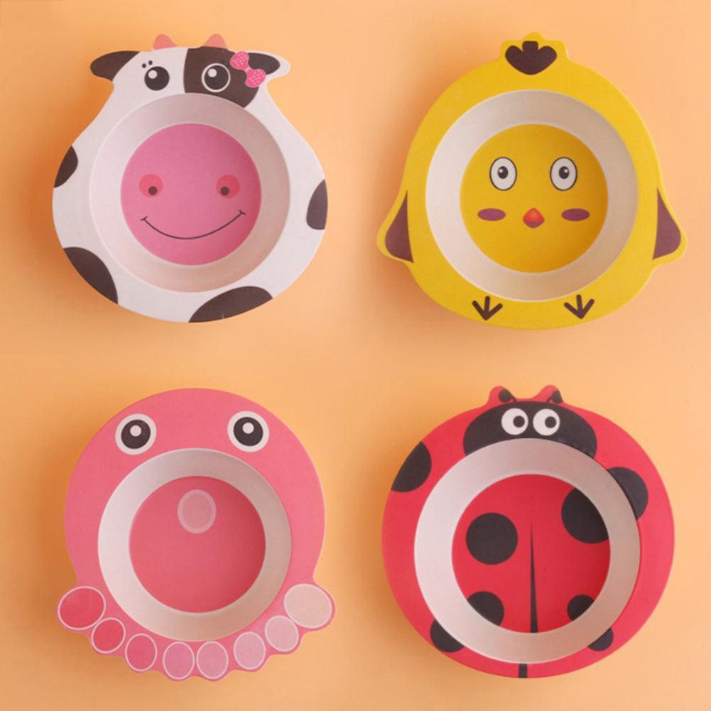 Baby Bowl Cartoon Animal Tableware Feeding Plate Bamboo Fiber Kids Dish Cutlery