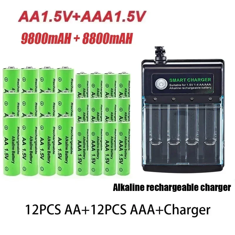 Original Rechargeable Battery 1.5V AA9800mAh+AAA8800mAh+Charger for Computer Clock Radio Video Game Digital Camera AA AAAbattery: green