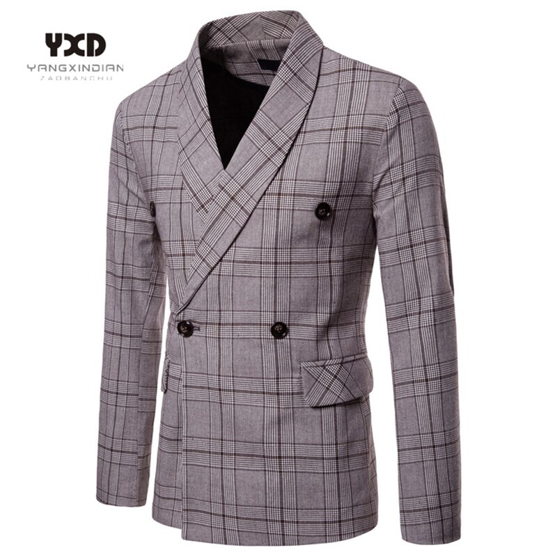 Plus Size 4XL British Style Check Blazer Man Casual Slim Fit Suit Jacket Male Social Coat Wedding Groom: Khaki / L