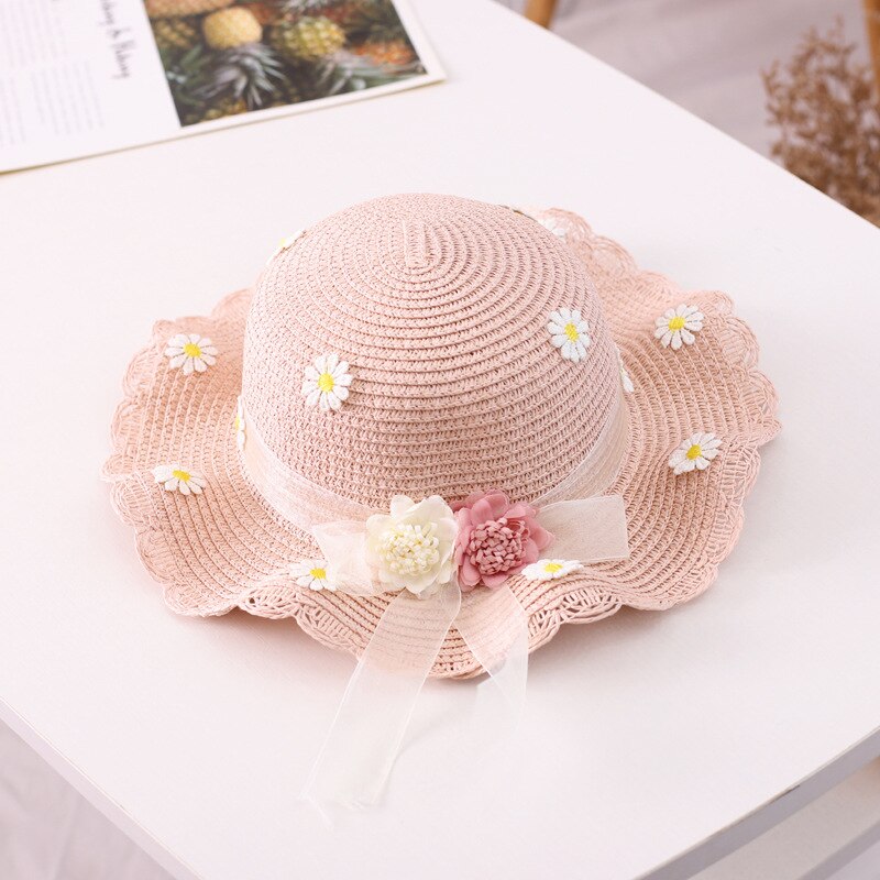 Sombreros bonitos de paja para niños, sombrero de punto con flores para verano, sombrero de Sol para niña, sombrero de ala grande de protección solar, sombrero de punto, sombrero de sol