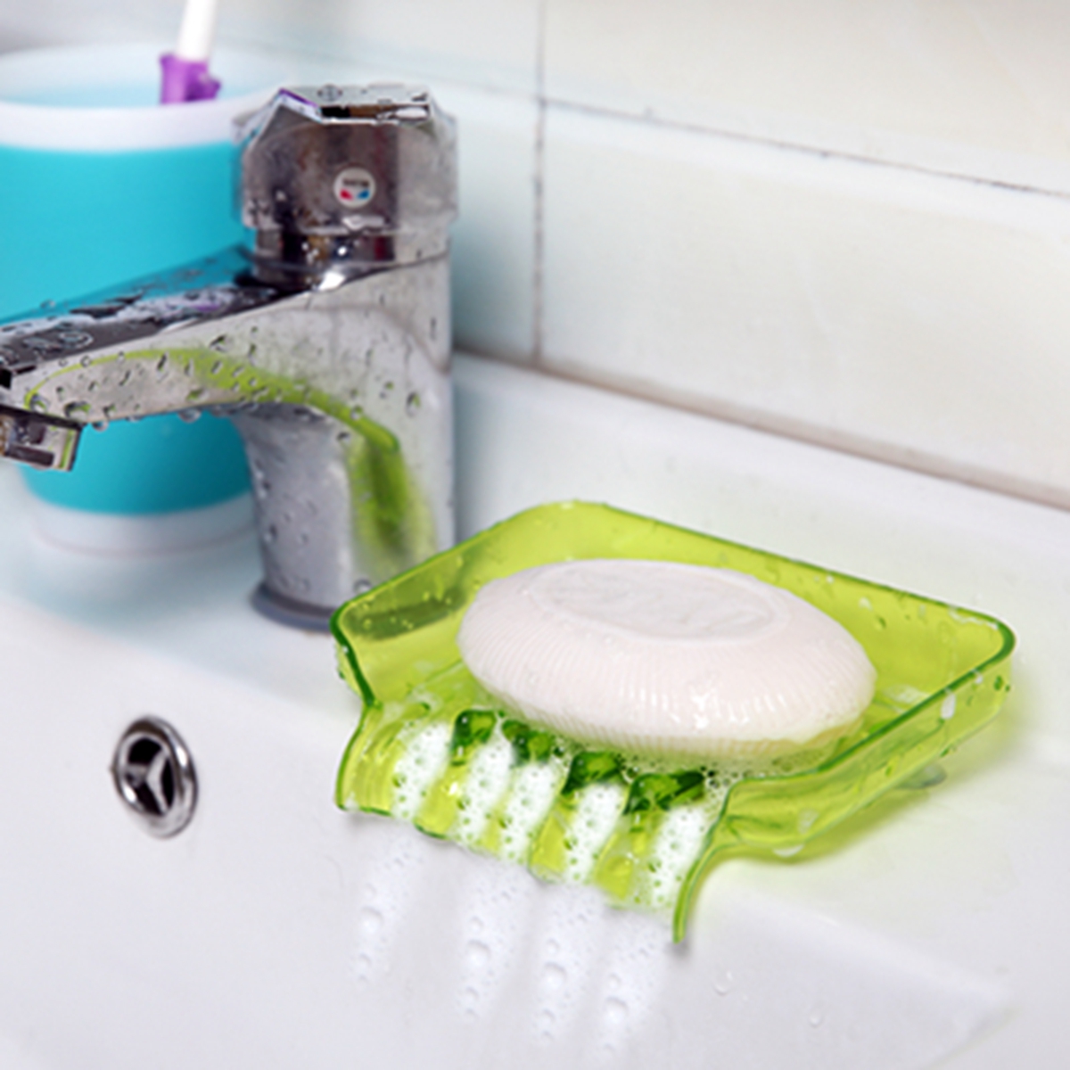 1 pieza de jabón de plástico cascada accesorios de baño caja de jabón de drenaje jabón de ducha drenaje del soporte para esponja de fregadero de cocina: green