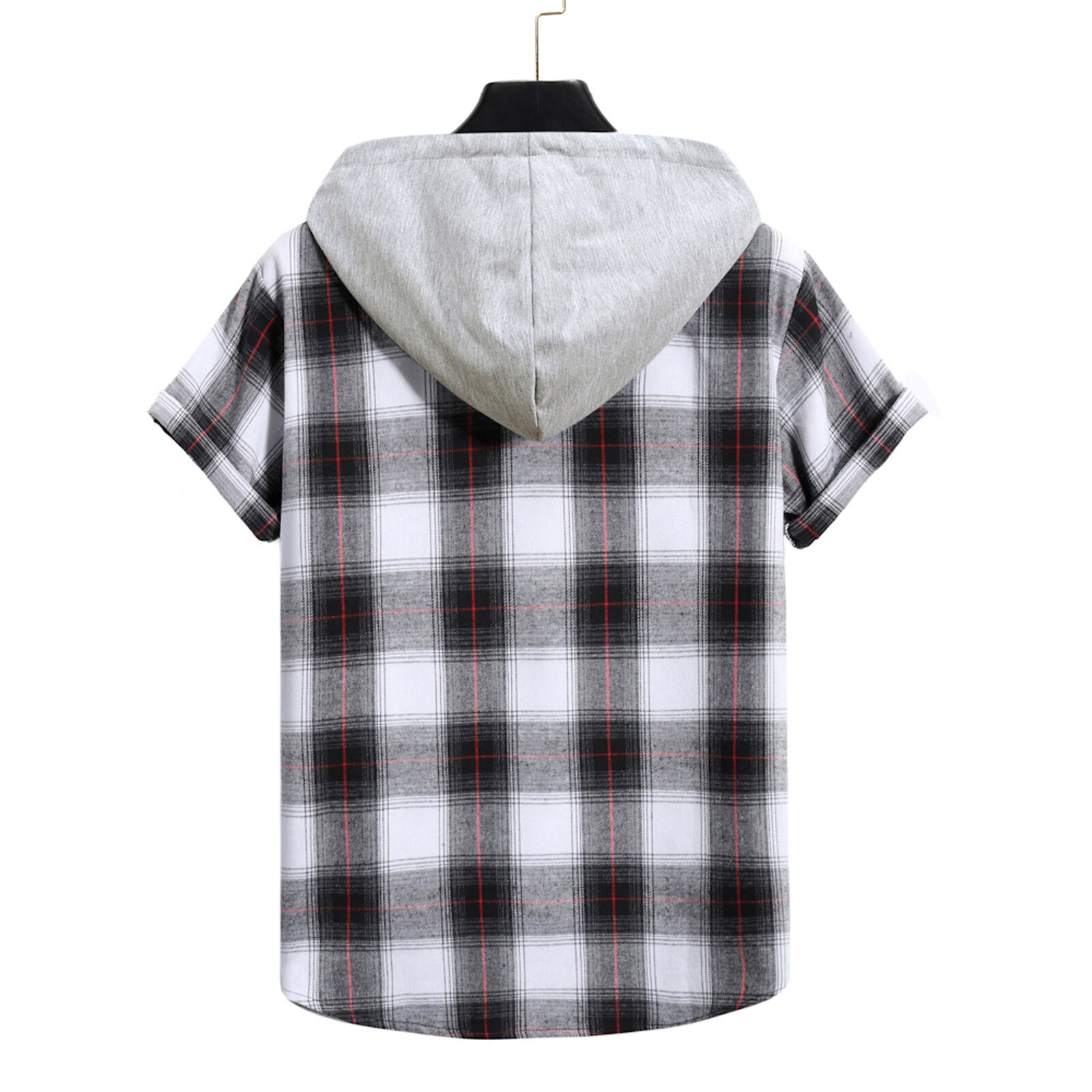 Mens Plaid Hooded shirt Checked Summer Shirt Casual Loose Short Sleeve Blouse Tops Men Chemise Homme Social Shirt Plaid Clothes