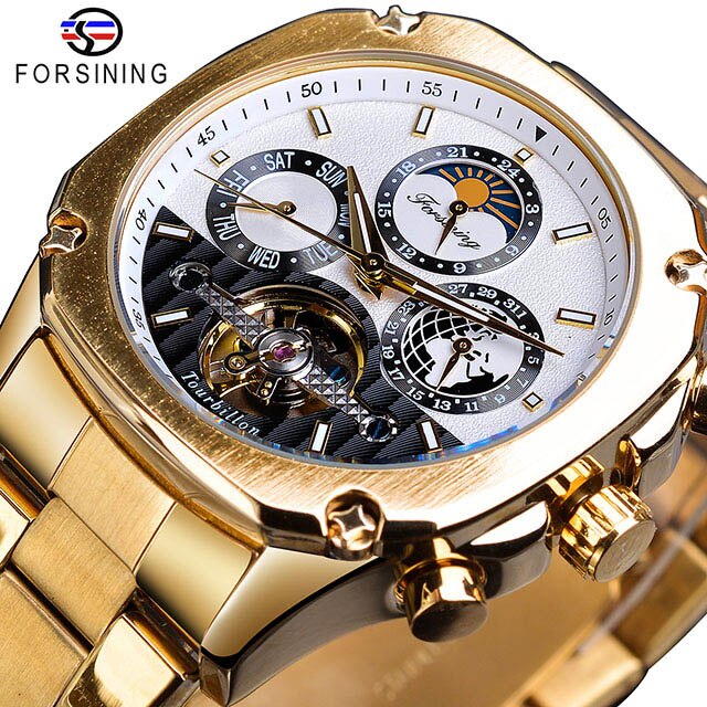 Forsining Mens Mechanische Horloges Super Grand Automatische Moonphase Tourbillon Aarde Datum Rose Gold Steel Belt Horloge Relogio: GMT1158-1